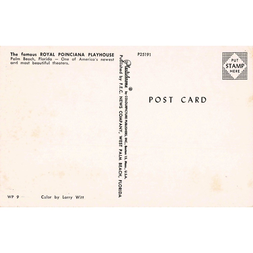 Vtg Royal Poinciana Playhouse Palm Beach Florida Postcard Plastichrome P25191 - Picture 2 of 2